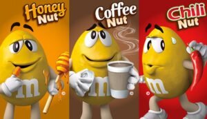 La marca M&Ms usa colores vibrantes y copywriting lleno de humor en sus campañas, como en "Vote for your favorite peanut".